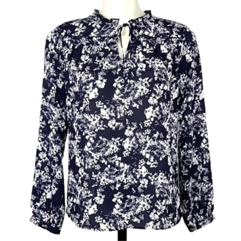 Violet + Claire Women's Blouse White Navy Floral Long Sleeve Semi Sheer Size S
